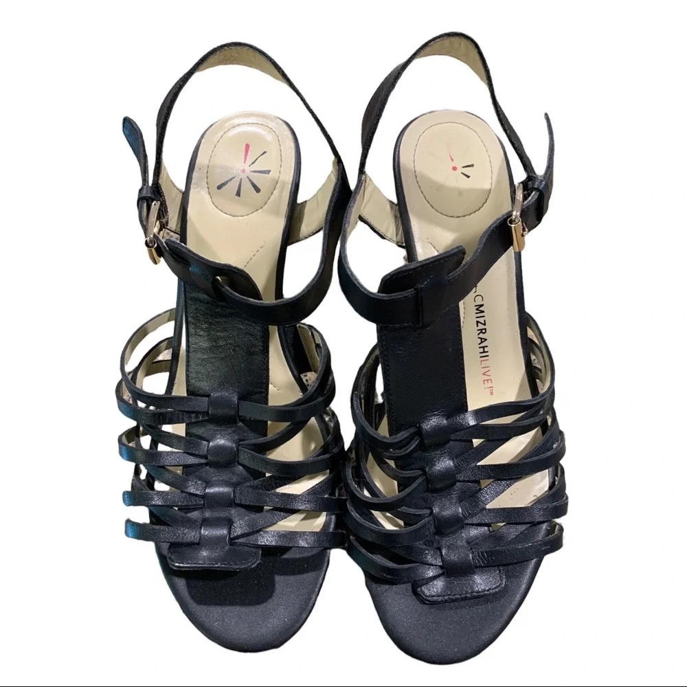 Isaac Mizrahi Live Wedge Sandal Black Leather Cork Heel 7 1/2 W